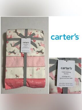 🆕CARTER’S - NWT - 40”X30” - 4PK - INFANT GIRLS PINK UNICORN RECEIVING BLANKETS